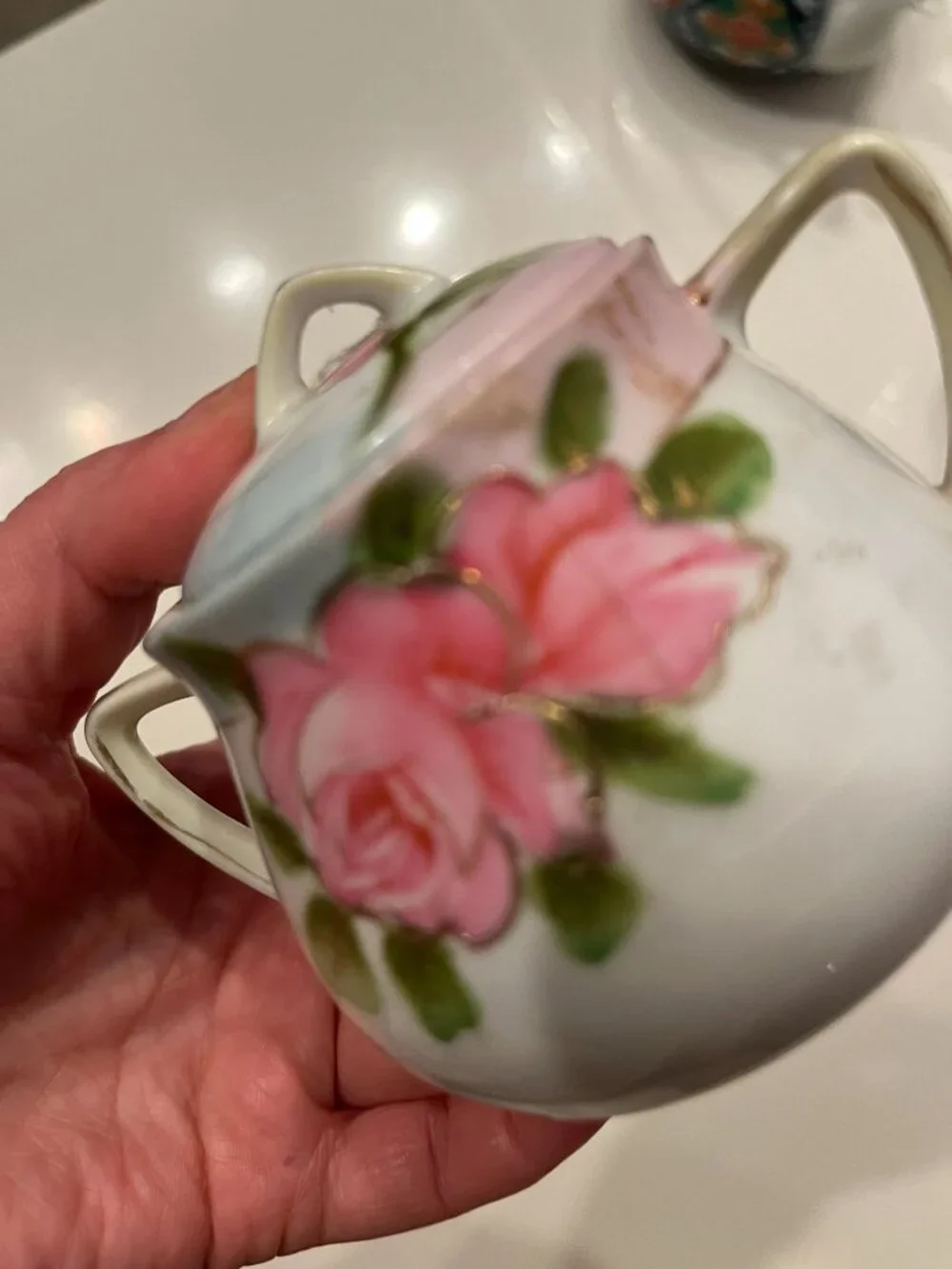 Nippon Antique Hand Painted  Lidded Sugar Bowl Pink Roses
